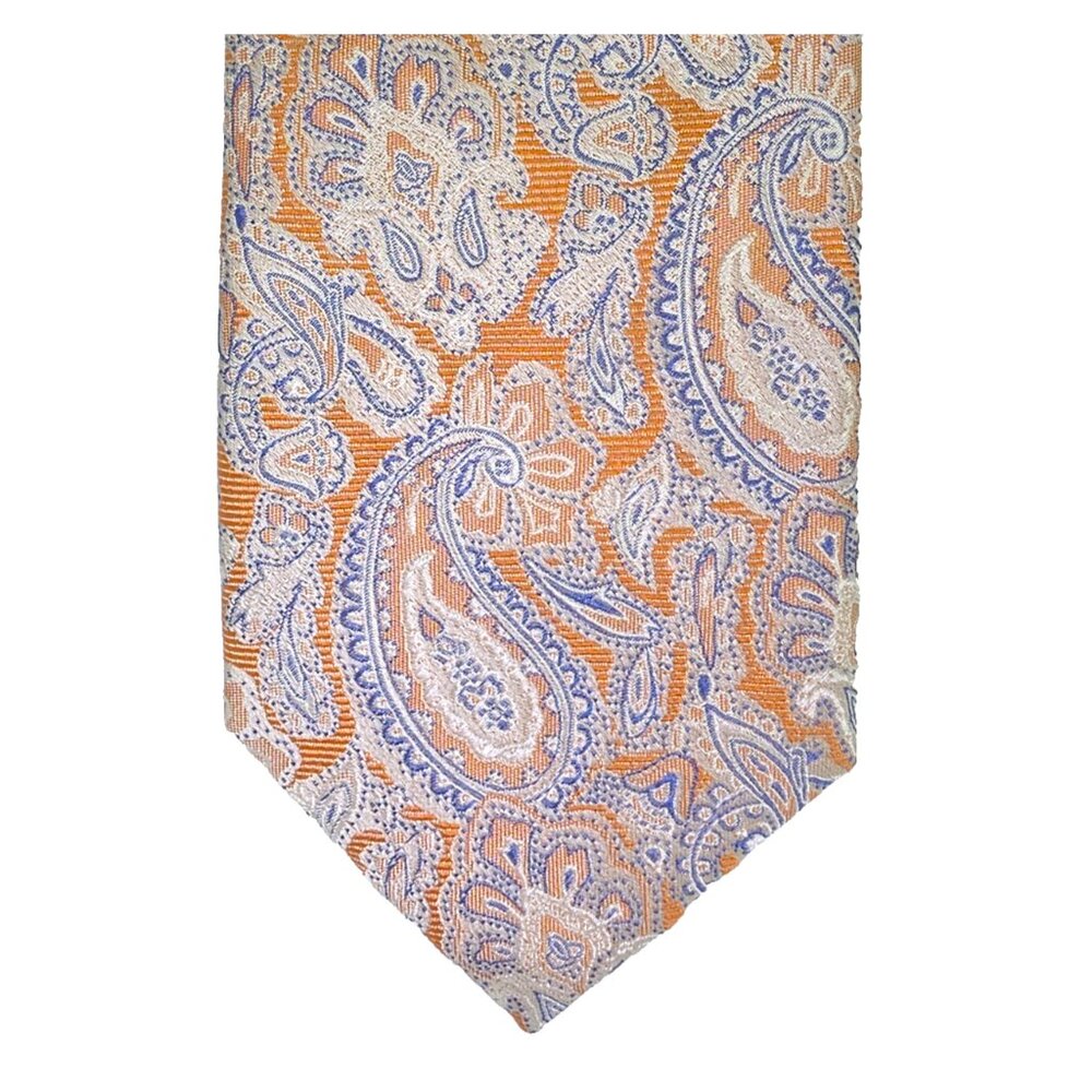 Egara Neck Tie Mens 3x60" Orange Blue Paisley Necktie 100% Silk